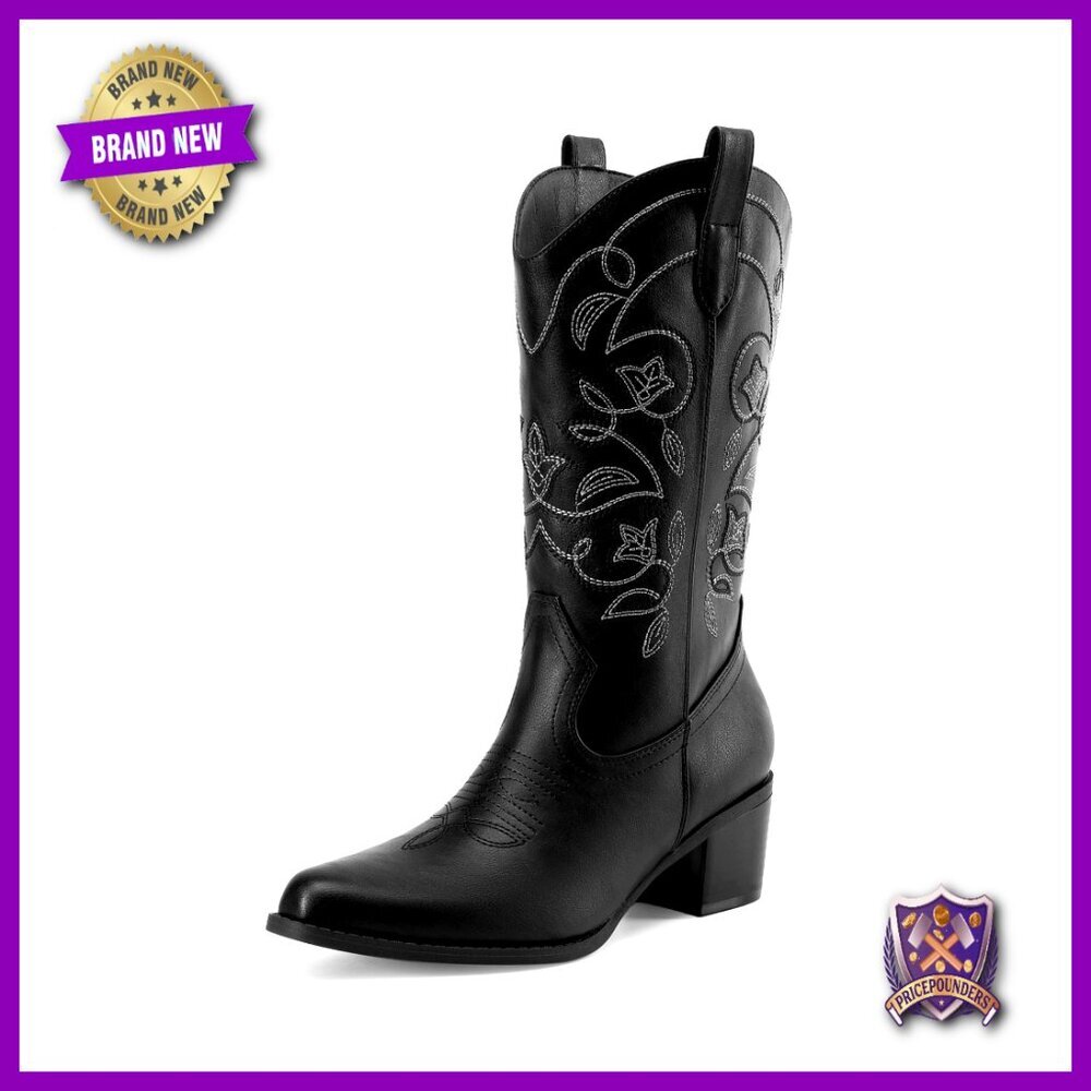 Cowboy Boots Women Chunky Heel Mid Calf Western Embroidery Stitched Fashion